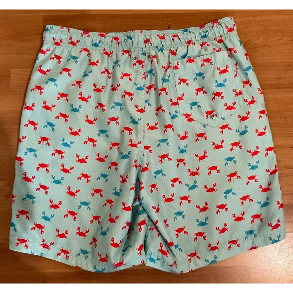 Lands' End‎ Swim Trunks Men Crab Print Aqua Blue Red Lined Drawstring 7.5